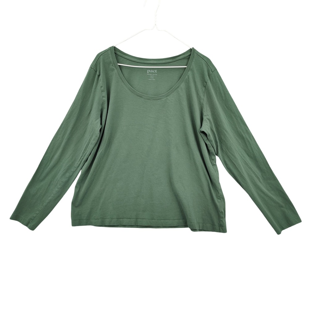 Pact Womens Minimalist Eco Earthy Organic Cotton Tee XL Green Scoop Long Sleeve